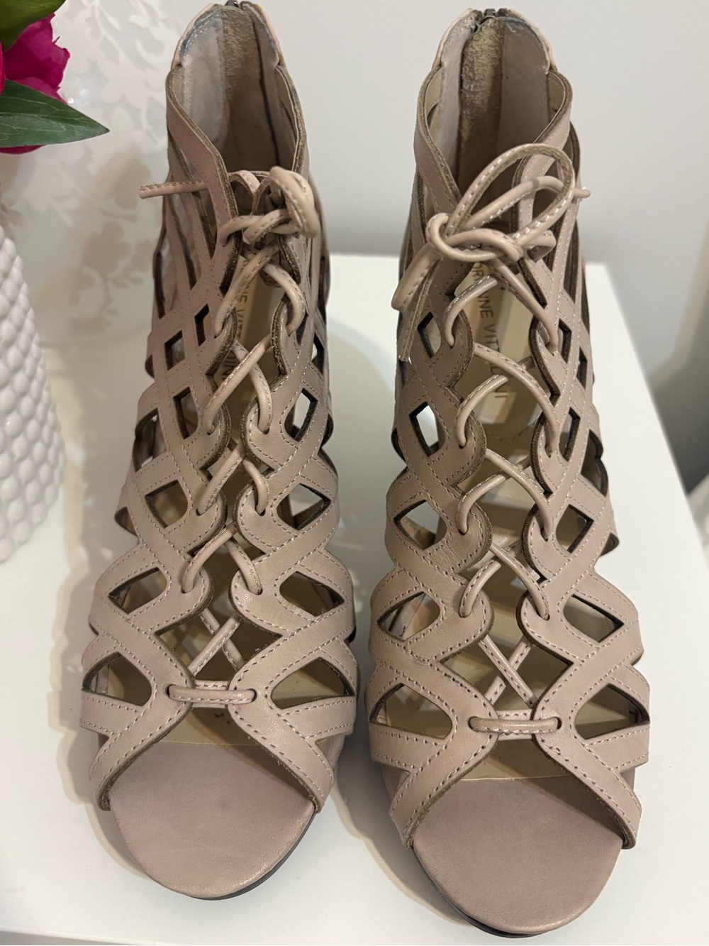 Adrienne Vittadini Leather Nude Lace-Up Cutout Heels
